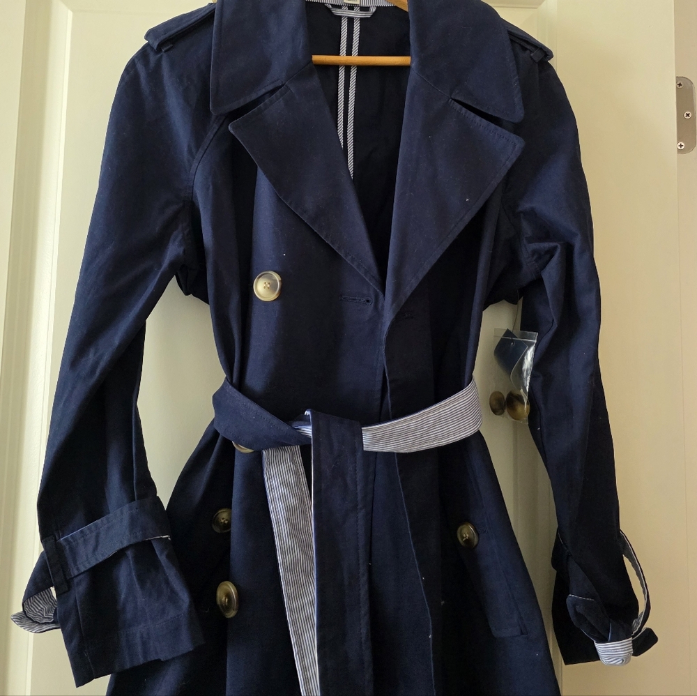 Preppy Coastal Trenchcoat Cotton Wmns S Crown&Ivy Ruffle Back Nwt Navy Academia - Picture 2 of 8
